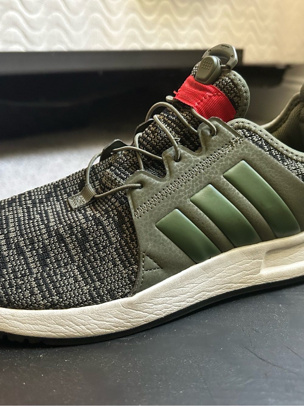 adidas Men's Olive Green and Black Knit Sneakers with Red Tongue Tab